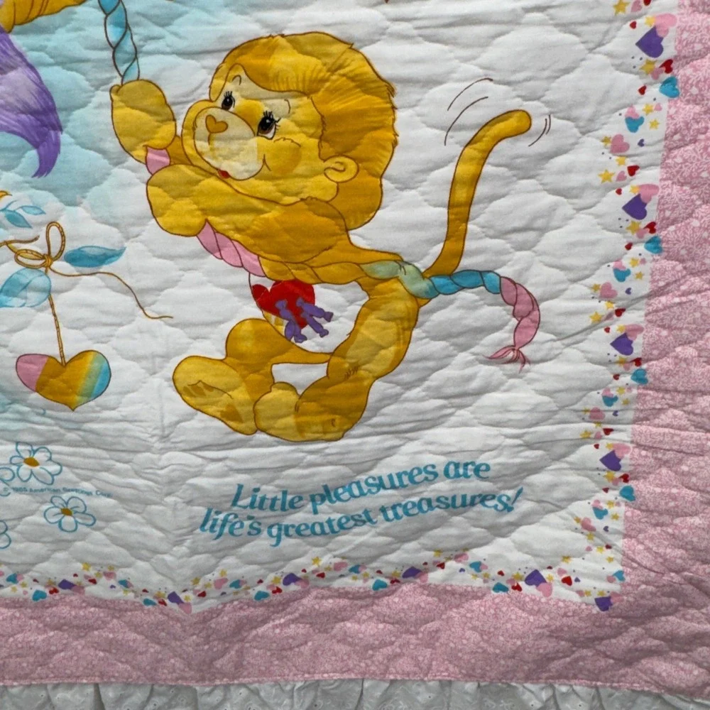 Vintage 80s Care Bears Cousins Baby Blanket Quilt Pink Eyelet Ruffles Kidcore